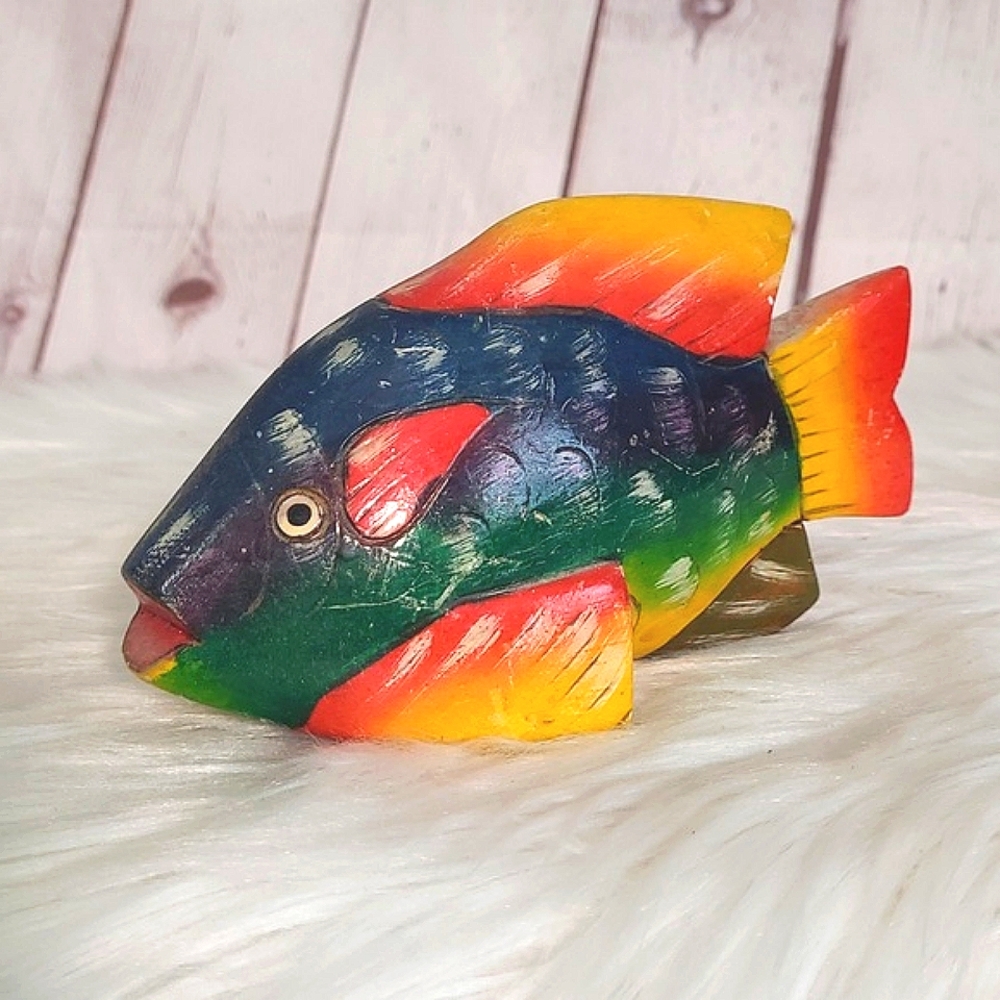 Handmade Wooden Carved Fish Decor Rainbow Color Mexico 6.5 Inch